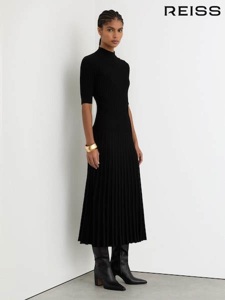 Reiss Black Harriet Petite Button-Detail Knitted Midi Dress (V22407) | £190
