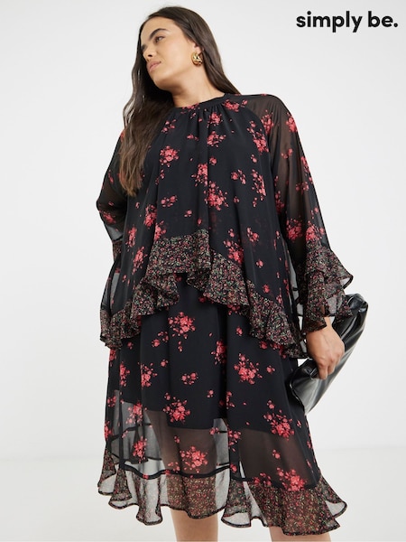 Simply Be Black Mixed Print Ruffle Skater Dress (V22534) | £42