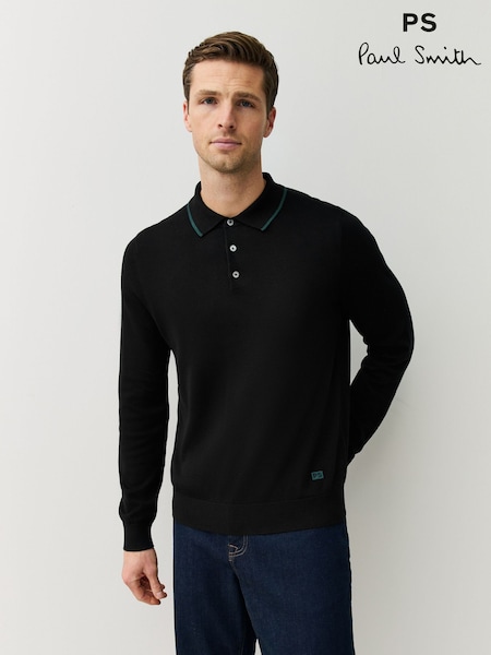 PS Paul Smith Black Long Sleeve Knitted Polo Shirt (V22612) | £165