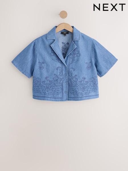 Mid Blue Embroidered - Short Sleeve Denim Shirt