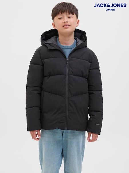 JACK & JONES JUNIOR Hooded Puffer Black Jacket (V23149) | £32