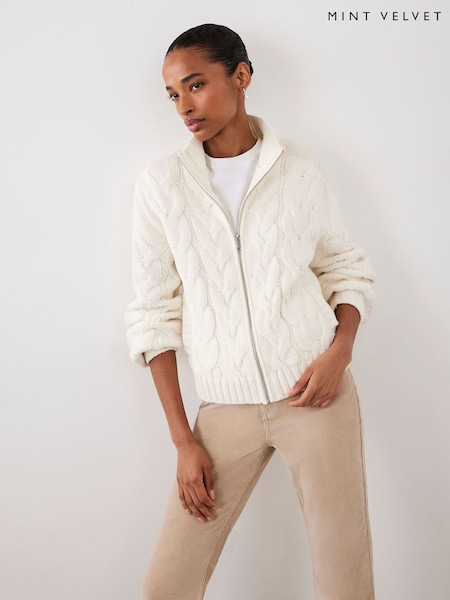 Mint Velvet White Cable Knit Jacket (V23174) | £130