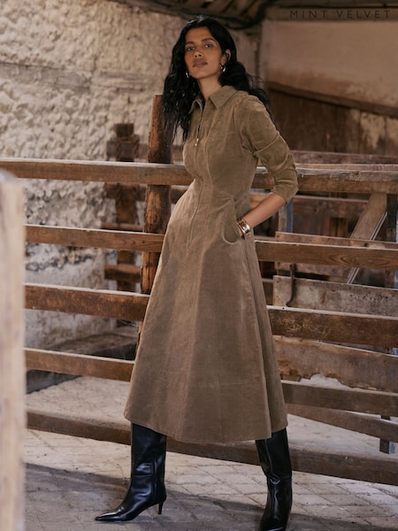 Mint Velvet Brown Corduroy Midi Dress (V23184) | £150