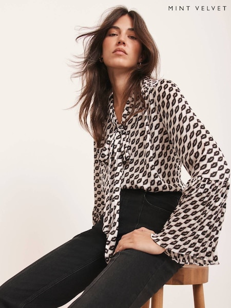 Mint Velvet Black Lip Print Bow Blouse (V23192) | £89
