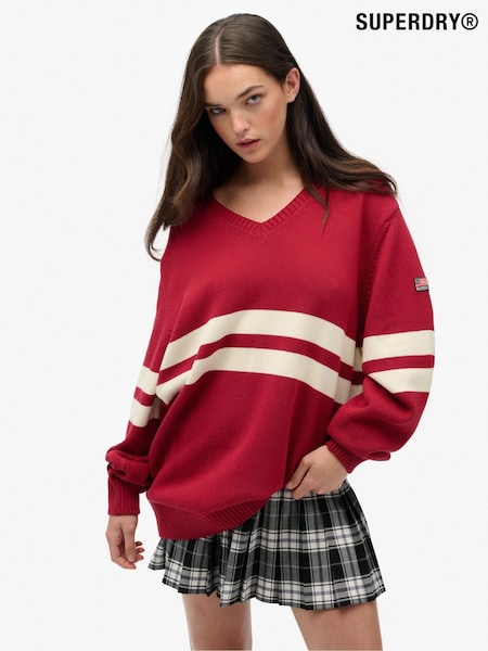 Superdry Red Oversized Striped V-Neck Jumper (V23324) | £50