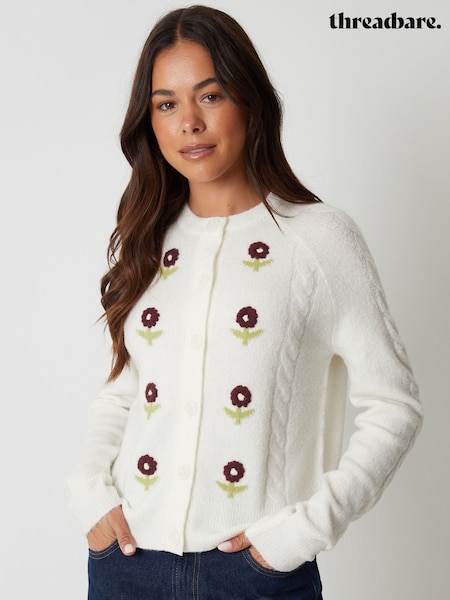 Threadbare Cream Knitted Floral Embroidery Cardigan (V23364) | £28