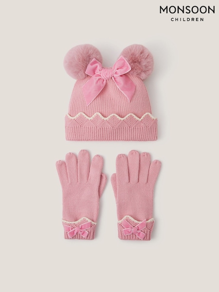 Monsoon Pink Scallop Beanie Hat & Mittens Set (V23566) | £25 - £26