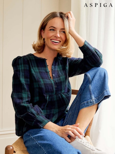 Aspiga Black Checked Double Cloth Cotton Blouse (V23626) | £120