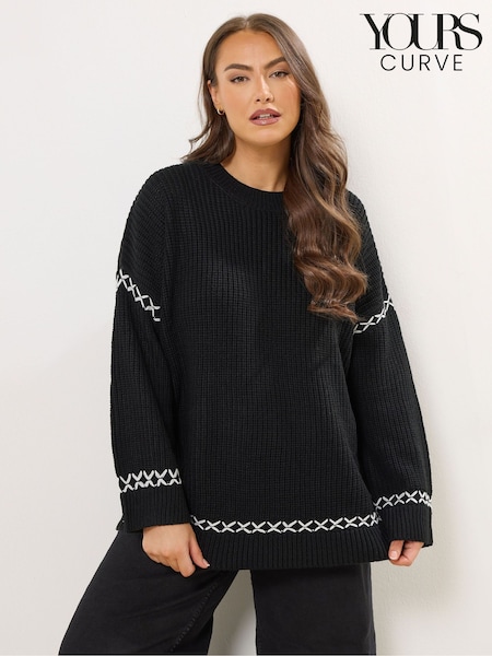 Yours Curve Black Blanket Stitch Jumper (V23768) | £32