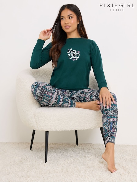 PixieGirl Petite Green Lets Get Cosy Long Sleeve Cuffed PJ Set (V23791) | £29