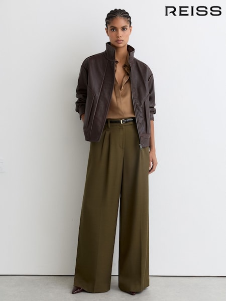 Reiss Khaki Green Cora Wide-Leg Pleated Trousers (V23805) | £170