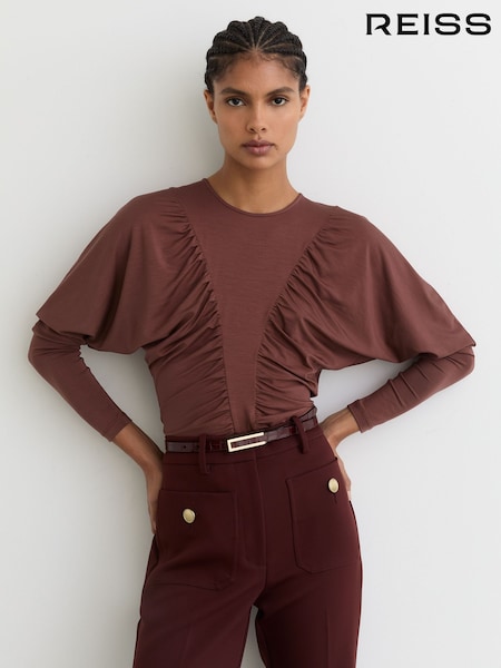 Reiss Rust Red Fenna Ruched Jersey Long-Sleeve Top (V23809) | £78