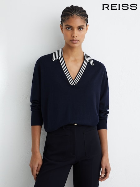Reiss Navy/White Nova Merino Wool Stripe-Collar Jumper (V23827) | £120