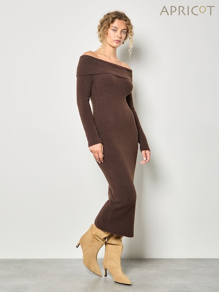 Apricot Brown Fuzzy Ribbed Bardot Midaxi Dress (V24104) | £55
