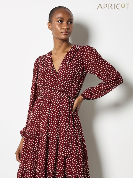 Apricot Red Polka Dot Chiffon Wrap Long Sleeve Dress (V24106) | £46
