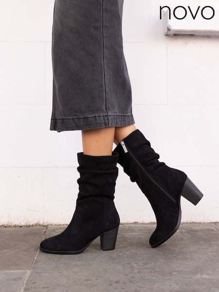 Novo Black Wide Fit Joany Block Heel Slouch Ruched Ankle Boots (V24170) | £44