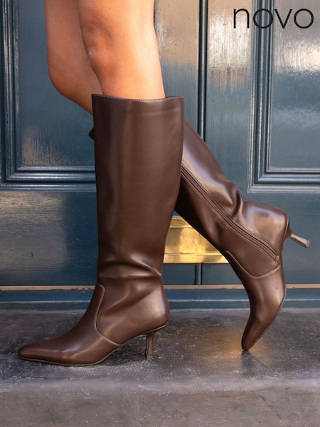 Novo Brown Wide Fit Wide Fit Grateful Mid Stiletto Heel Point Knee Boots (V24175) | £59