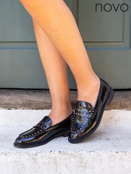 Novo Black Chrome Wide Fit Carmella Stud Detail Loafers (V24185) | £36