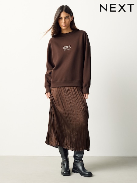 Chocolate Brown 2-In-1 Soft Touch Jumper With Satin Midi Skirt (V24195) | £56