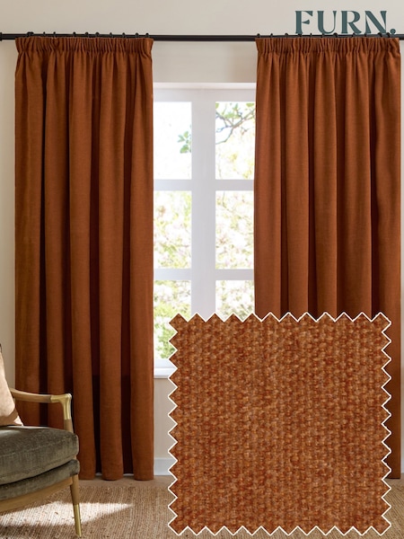 Furn Rust Soft Chenille 100% Blackout & Thermal Pencil Pleat Curtains (V24349) | £56 - £140
