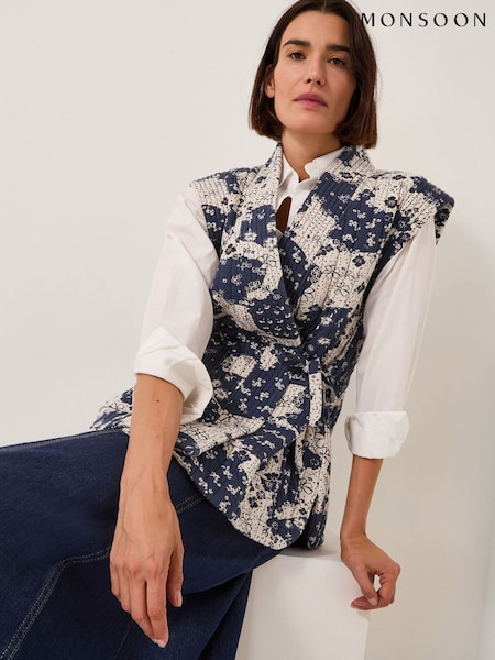 Monsoon Blue Alison Floral Quilted Gilet (V24363) | £85