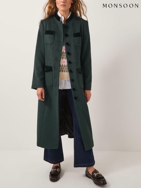 Monsoon Green Viv Velvet Trim Military Coat (V24371) | £200
