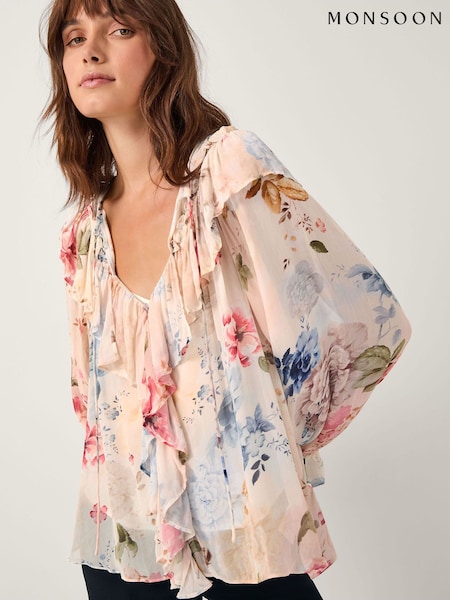Monsoon Cream Sasha Floral Ruffle Blouse (V24675) | £79