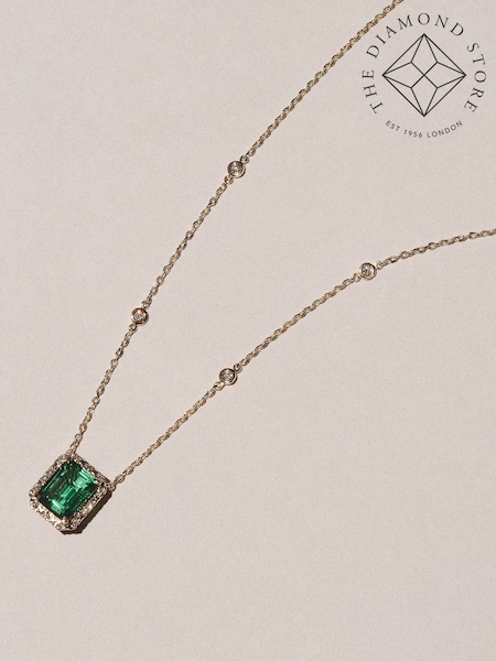 The Diamond Store Green Astra 1.50ct Octagon Cut Lab Emerald Halo Pendant Necklace in 18K Gold Vermeil (V24821) | £239