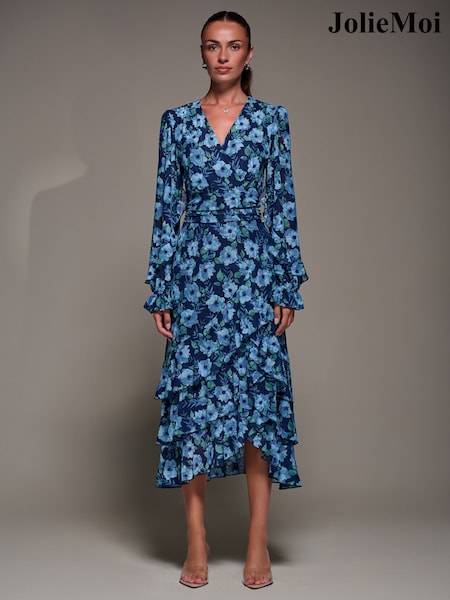 Jolie Moi Blue Long Sleeve Frill Detail Mesh Maxi Dress (V24848) | £85