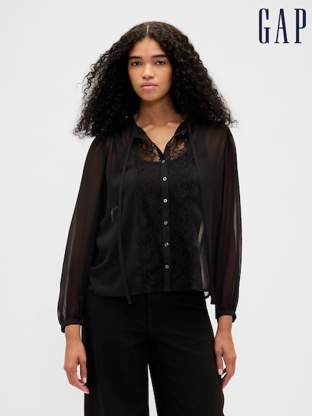 Gap Black Sheer Lace Inset Tie-Neck Top (V24919) | £60