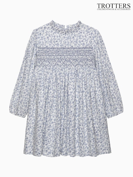 Trotters London Blue Edie Rose Floral Smocked Dress (V25294) | £76 - £82
