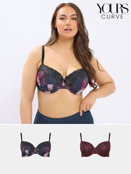 Yours Curve Blue Floral Print T-Shirt Bra 2 Pack (V25683) | £39