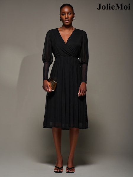 Jolie Moi Black Mesh Long Puff Sleeve Wrap Midi Dress (V25739) | £75