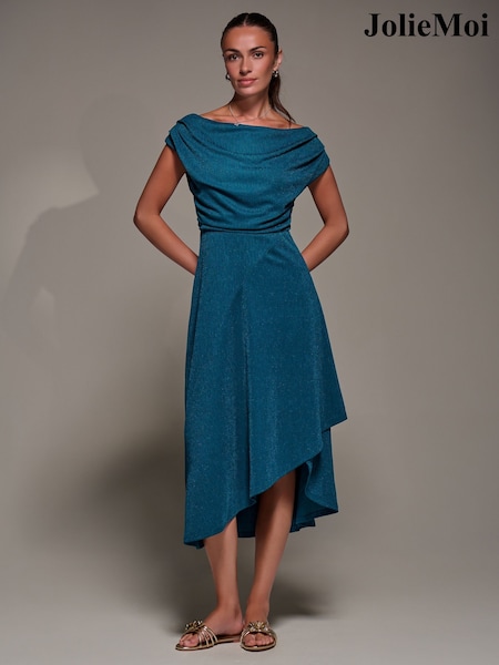Jolie Moi Navy Blue Draped Jersey Cowl Neck Midi Dress (V25740) | £68