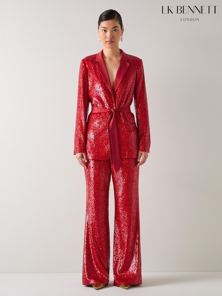 LK Bennett Red Shimmer Sequin Red Belted Jacket (V25889) | £399