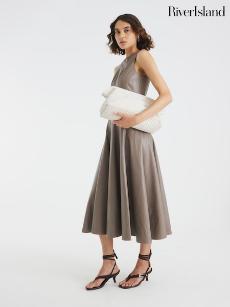 River Island Natural PU Seam Detail Waisted Midi Dress (V26119) | £62