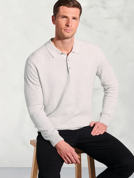 Brook Taverner Grey Textured Cotton Long Sleeve Polo Shirt (V26455) | £60