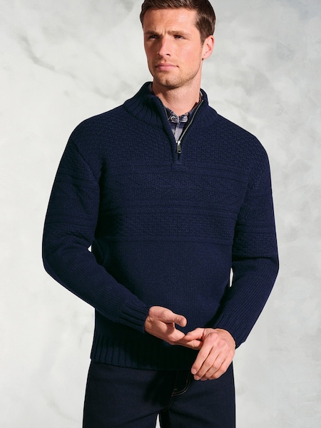 Brook Taverner Blue Textured Lambswool Zip Neck Jumper (V26457) | £79
