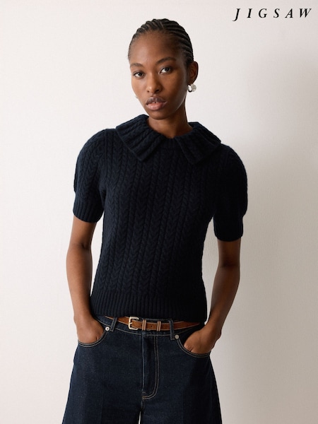 Jigsaw Blue Cable Knit Collar T-Shirt (V26538) | £155