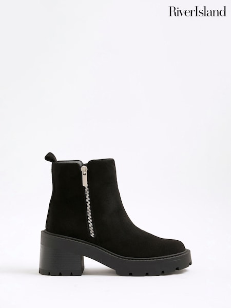 River Island Black Block Heeled Side Zip Boots (V26607) | £44