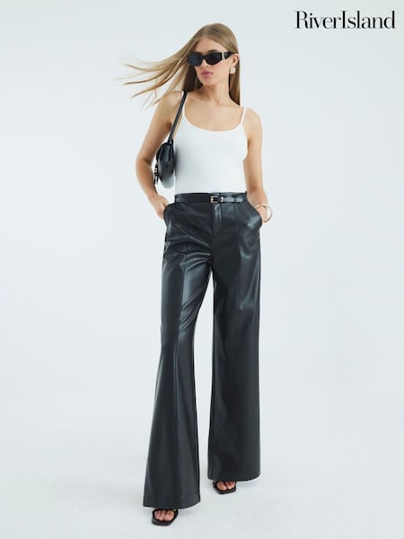 River Island Black Faux Leather Belted Wide Leg Trousers (V26617) | £44