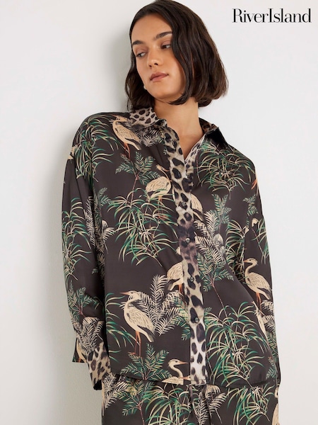 River Island Black Tropical Print Satin Pyjamas Set (V26627) | £42