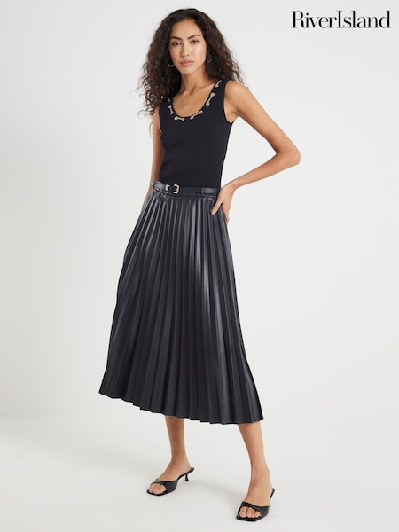 River Island Black Belted Pleated Midi Skirt (V27034) | £46