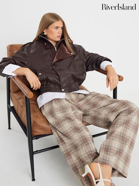 River Island Brown Check Wide Leg Trousers (V27058) | £42