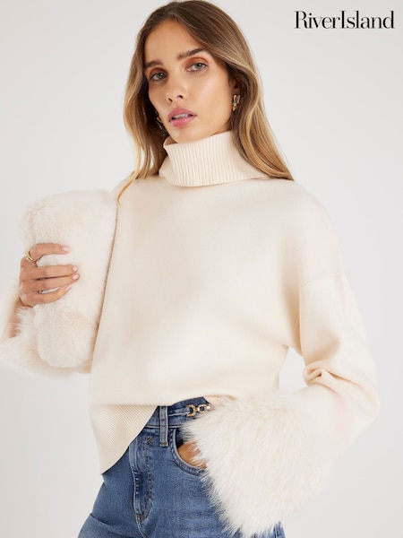 River Island Cream Fur Cuff Roll Neck Jumper (V27062) | £52