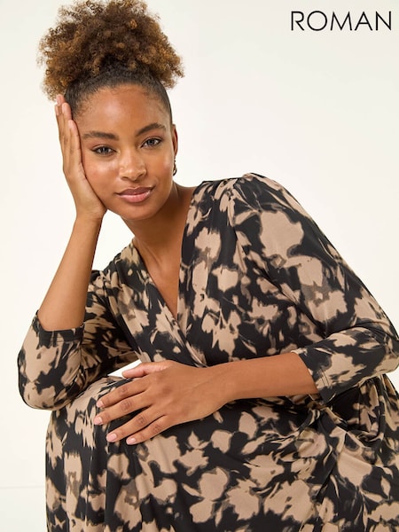 Roman Natural Abstract Floral Wrap Midi Dress (V27079) | £50