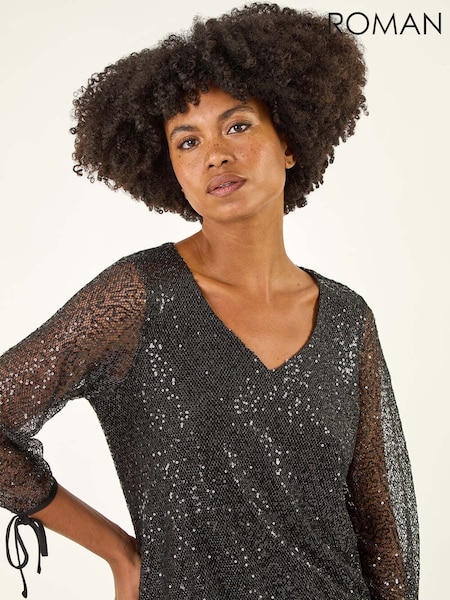 Roman Black Sequin Mesh Blouson Blouse (V27083) | £45