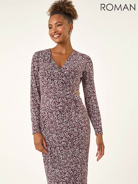 Roman Red Leaf Print Chain Detail Midi Dress (V27088) | £50