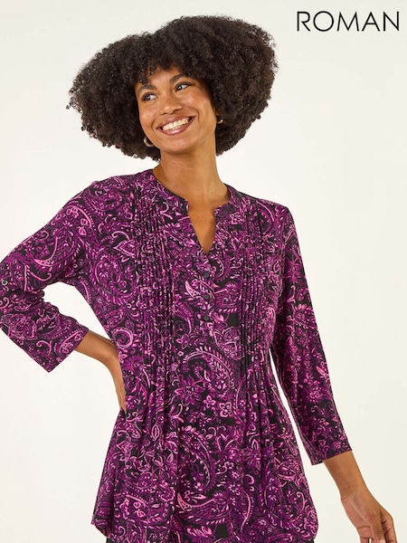 Roman Pink Paisley Print V-Neck Stretch Shirt (V27100) | £42
