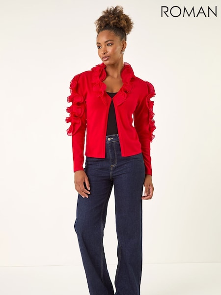 Roman Red Ruffle Contrast Knit Cardigan (V27109) | £42
